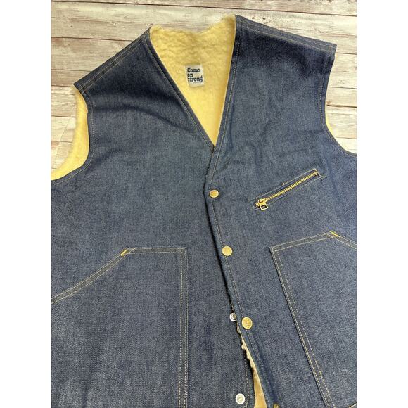 VCome on Strong Vest XL Mens Vintage Denim Shearling Sherpa Lined Snap Up - Picture 3 of 9
